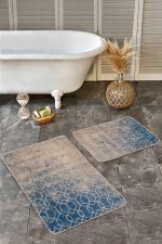 - Realhomes - Realhomes 2'li Set Mavi - Bej Zeminde Antik Motifli Dokuma Halı Desenli Geometrik Eskitme Motifli 2'li Banyo & Mutfak Paspas Takımı Realhomes