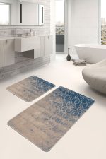 - PaspasTakimi-2li-Set806-Gorsel-5 - Realhomes 2'li Set Mavi - Bej Zeminde Antik Motifli Dokuma Halı Desenli Geometrik Eskitme Motifli 2'li Banyo & Mutfak Paspas Takımı Realhomes