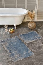 - Realhomes - Realhomes 2'li Set Mavi - Bej Zeminde Örme Motifli Dokuma Halı Desenli Eskitme Motifli Geometrik 2'li Banyo & Mutfak Paspas Takımı Realhomes