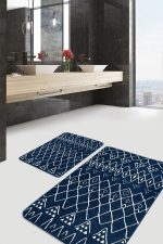 2'li Set Mavi Zeminde Otantik Motifli Geleneksel Desenli Geometrik Etnik Motifler  2'li Banyo & Mutfak Paspas Takımı Realhomes