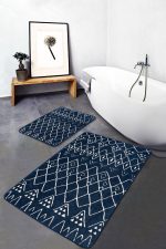 2'li Set Mavi Zeminde Otantik Motifli Geleneksel Desenli Geometrik Etnik Motifler  2'li Banyo & Mutfak Paspas Takımı Realhomes