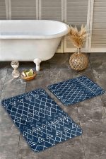 2'li Set Mavi Zeminde Otantik Motifli Geleneksel Desenli Geometrik Etnik Motifler  2'li Banyo & Mutfak Paspas Takımı Realhomes