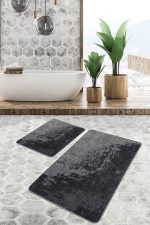 2'li Set Siyah - Füme Zeminde Eskitme Motifli Antik Desenli Eskitme Motifli Vintage  2'li Banyo & Mutfak Paspas Takımı Realhomes