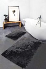 2'li Set Siyah - Füme Zeminde Eskitme Motifli Antik Desenli Eskitme Motifli Vintage  2'li Banyo & Mutfak Paspas Takımı Realhomes