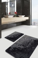 2'li Set Siyah - Füme Zeminde Eskitme Motifli Antik Desenli Eskitme Motifli Vintage  2'li Banyo & Mutfak Paspas Takımı Realhomes