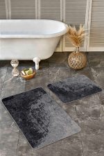 2'li Set Siyah - Füme Zeminde Eskitme Motifli Antik Desenli Eskitme Motifli Vintage  2'li Banyo & Mutfak Paspas Takımı Realhomes