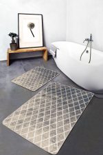 2'li Set Krem Zeminde Baklava Motifli Eskitme Desenli Geometrik Eskitme Motifli  2'li Banyo & Mutfak Paspas Takımı Realhomes