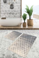 2'li Set Krem Zeminde Baklava Motifli Eskitme Desenli Geometrik Eskitme Motifli  2'li Banyo & Mutfak Paspas Takımı Realhomes