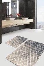 2'li Set Krem Zeminde Baklava Motifli Eskitme Desenli Geometrik Eskitme Motifli  2'li Banyo & Mutfak Paspas Takımı Realhomes