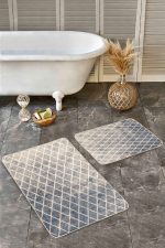 2'li Set Krem Zeminde Baklava Motifli Eskitme Desenli Geometrik Eskitme Motifli  2'li Banyo & Mutfak Paspas Takımı Realhomes