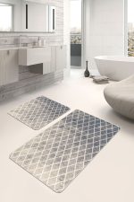 2'li Set Krem Zeminde Baklava Motifli Eskitme Desenli Geometrik Eskitme Motifli  2'li Banyo & Mutfak Paspas Takımı Realhomes