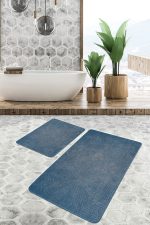 2'li Set Mavi Zeminde Dokuma Halı Motifli Eskitme Desenli Geometrik Vintage  2'li Banyo & Mutfak Paspas Takımı Realhomes