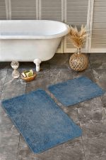 2'li Set Mavi Zeminde Dokuma Halı Motifli Eskitme Desenli Geometrik Vintage  2'li Banyo & Mutfak Paspas Takımı Realhomes