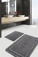 2'li Set Füme Zeminde Çerçeveli Motifli Örgü Desenli Geometrik Sade & Şık  2'li Banyo & Mutfak Paspas Takımı Realhomes