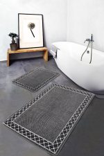 2'li Set Füme Zeminde Çerçeveli Motifli Örgü Desenli Geometrik Sade & Şık  2'li Banyo & Mutfak Paspas Takımı Realhomes