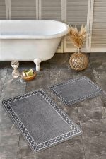 2'li Set Füme Zeminde Çerçeveli Motifli Örgü Desenli Geometrik Sade & Şık  2'li Banyo & Mutfak Paspas Takımı Realhomes