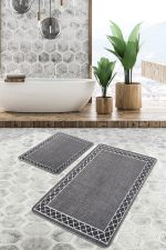 2'li Set Füme Zeminde Çerçeveli Motifli Örgü Desenli Geometrik Sade & Şık  2'li Banyo & Mutfak Paspas Takımı Realhomes