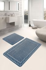 - PaspasTakimi-2li-Set820-Gorsel-4 - Realhomes 2'li Set Mavi Zeminde Çerçeveli Motifli Örgü Desenli Klasik Geometrik 2'li Banyo & Mutfak Paspas Takımı Realhomes