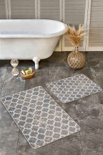 - Realhomes - Realhomes  2'li Set Krem Zeminde Morrocan Motifli Ogea Desenli Vintage Geometrik  2'li Banyo & Mutfak Paspas Takımı Realhomes