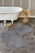 - Realhomes - Realhomes 2'li Set Füme Zeminde Geometrik Motifli Örme Desenli Geometrik Vintage 2'li Banyo & Mutfak Paspas Takımı Realhomes