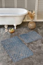 - Realhomes - Realhomes  2'li Set Mavi Zeminde Geometrik Motifli Örme Desenli Geometrik Klasik  2'li Banyo & Mutfak Paspas Takımı Realhomes