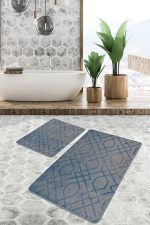 - PaspasTakimi-2li-Set824-Gorsel-2 - Realhomes  2'li Set Mavi Zeminde Geometrik Motifli Örme Desenli Geometrik Klasik  2'li Banyo & Mutfak Paspas Takımı Realhomes