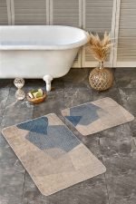 - Realhomes - Realhomes 2'li Set Bej Zeminde Hasır Motifli Dokuma Desenli Sade & Şık Vintage 2'li Banyo & Mutfak Paspas Takımı Realhomes