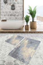 2'li Set Mavi - Krem Zeminde Eskitme Motifli Antik Desenli Eskitme Motifli Vintage  2'li Banyo & Mutfak Paspas Takımı Realhomes