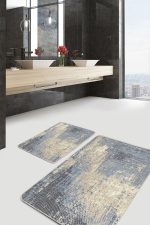 2'li Set Mavi - Krem Zeminde Eskitme Motifli Antik Desenli Eskitme Motifli Vintage  2'li Banyo & Mutfak Paspas Takımı Realhomes