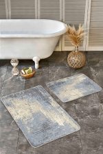 2'li Set Mavi - Krem Zeminde Eskitme Motifli Antik Desenli Eskitme Motifli Vintage  2'li Banyo & Mutfak Paspas Takımı Realhomes