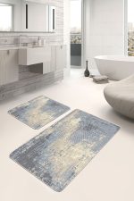 2'li Set Mavi - Krem Zeminde Eskitme Motifli Antik Desenli Eskitme Motifli Vintage  2'li Banyo & Mutfak Paspas Takımı Realhomes