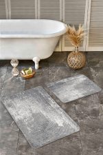 - Realhomes - Realhomes  2'li Set Gri Zeminde Eskitme Motifli Antik Desenli Eskitme Motifli Vintage  2'li Banyo & Mutfak Paspas Takımı Realhomes