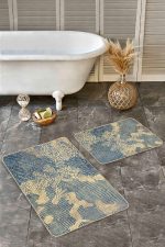 - Realhomes - Realhomes 2'li Set Sarı Zeminde Eskitme Motifli Geometrik Desenli Eskitme Motifli Geometrik 2'li Banyo & Mutfak Paspas Takımı Realhomes