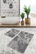 - PaspasTakimi-2li-Set830-Gorsel-1 - Realhomes  2'li Set Gri Zeminde Eskitme Motifli Geometrik Desenli Vintage Geometrik  2'li Banyo & Mutfak Paspas Takımı Realhomes
