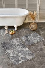 - Realhomes - Realhomes  2'li Set Gri Zeminde Eskitme Motifli Geometrik Desenli Vintage Geometrik  2'li Banyo & Mutfak Paspas Takımı Realhomes