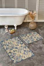 - Realhomes - Realhomes 2'li Set Sarı Zeminde Ogea Motifli Antik Desenli Vintage Geometrik 2'li Banyo & Mutfak Paspas Takımı Realhomes