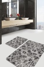 2'li Set Kahverengi Zeminde Morrocan Motifli Eskitme Desenli Geometrik Vintage  2'li Banyo & Mutfak Paspas Takımı Realhomes