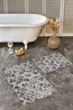 2'li Set Kahverengi Zeminde Morrocan Motifli Eskitme Desenli Geometrik Vintage  2'li Banyo & Mutfak Paspas Takımı Realhomes