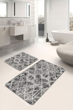 2'li Set Kahverengi Zeminde Morrocan Motifli Eskitme Desenli Geometrik Vintage  2'li Banyo & Mutfak Paspas Takımı Realhomes