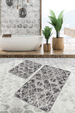 2'li Set Kahverengi Zeminde Morrocan Motifli Eskitme Desenli Geometrik Vintage  2'li Banyo & Mutfak Paspas Takımı Realhomes