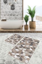 2'li Set Kahverengi Zeminde Eskitme Motifli Geometrik Desenli Geometrik Sade & Şık  2'li Banyo & Mutfak Paspas Takımı Realhomes