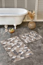 2'li Set Kahverengi Zeminde Eskitme Motifli Geometrik Desenli Geometrik Sade & Şık  2'li Banyo & Mutfak Paspas Takımı Realhomes