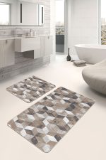 2'li Set Kahverengi Zeminde Eskitme Motifli Geometrik Desenli Geometrik Sade & Şık  2'li Banyo & Mutfak Paspas Takımı Realhomes