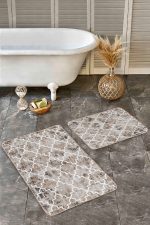 - Realhomes - Realhomes  2'li Set Kahverengi Zeminde Morrocan Motifli Eskitme Desenli Geometrik Klasik  2'li Banyo & Mutfak Paspas Takımı Realhomes