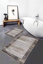 2'li Set Kahverengi Zeminde Çerçeveli Motifli Eskitme Desenli Sade & Şık Klasik  2'li Banyo & Mutfak Paspas Takımı Realhomes