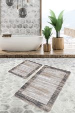 2'li Set Kahverengi Zeminde Çerçeveli Motifli Eskitme Desenli Sade & Şık Klasik  2'li Banyo & Mutfak Paspas Takımı Realhomes