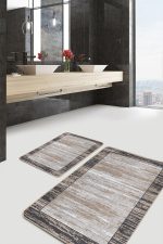 2'li Set Kahverengi Zeminde Çerçeveli Motifli Eskitme Desenli Sade & Şık Klasik  2'li Banyo & Mutfak Paspas Takımı Realhomes