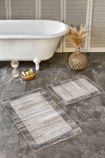 2'li Set Kahverengi Zeminde Çerçeveli Motifli Eskitme Desenli Sade & Şık Klasik  2'li Banyo & Mutfak Paspas Takımı Realhomes