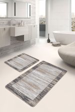 2'li Set Kahverengi Zeminde Çerçeveli Motifli Eskitme Desenli Sade & Şık Klasik  2'li Banyo & Mutfak Paspas Takımı Realhomes