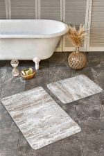 - Realhomes - Realhomes 2'li Set Gri - Bej Zeminde Eskitme Motifli Eskitme Desenli Eskitme Motifli Klasik 2'li Banyo & Mutfak Paspas Takımı Realhomes